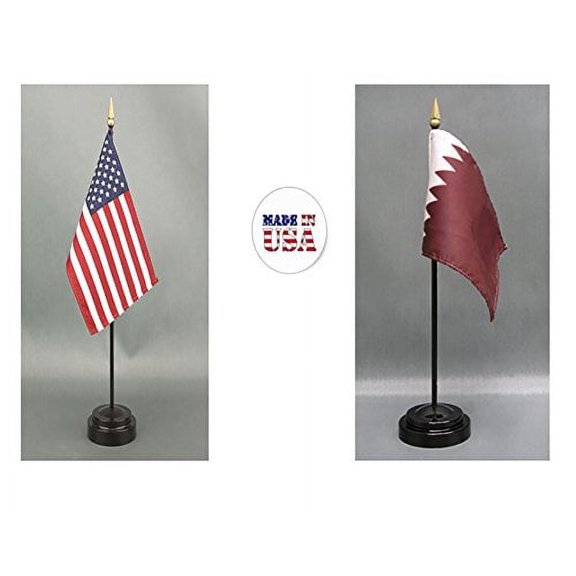 Made in The USA. 1 American and 1 Qatar Rayon 4"x6" Miniature Office Desk & Little Hand Waving Table Flag, Includes 2 Flag Stands & 2 Small 4"x6" Mini Stick Flags