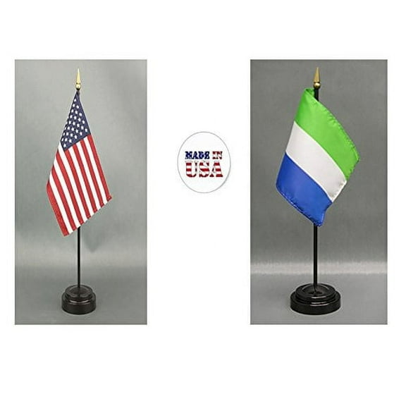 1 American and 1 Sierra Leone Mini Desk Flags – Set of 2 with Stands, 4"x6" Rayon