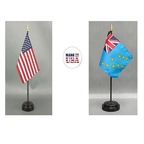 Made in The USA. 1 American and 1 Tuvalu Rayon 4"x6" Miniature Office Desk & Little Hand Waving Table Flag, Includes 2 Flag Stands & 2 Small 4"x6" Mini Stick Flags