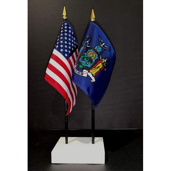 Made In USA. 1 American And 1 US State Miniature Rayon 4"X6" Office Desk & Little Hand Waving Table Flags, Includes A 2-Hole White Flag Stand And 2 Small 4"X6" Mini Stick Flags (New York)