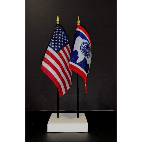 Made In USA. 1 American And 1 US State Miniature Rayon 4"X6" Office Desk & Little Hand Waving Table Flags, Includes A 2-Hole White Flag Stand And 2 Small 4"X6" Mini Stick Flags (Wyoming)