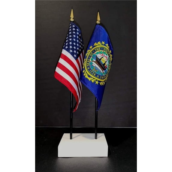 Made In USA. 1 American And 1 US State Miniature Rayon 4"X6" Office Desk & Little Hand Waving Table Flags, Includes A 2-Hole White Flag Stand And 2 Small 4"X6" Mini Stick Flags (New Hampshire)
