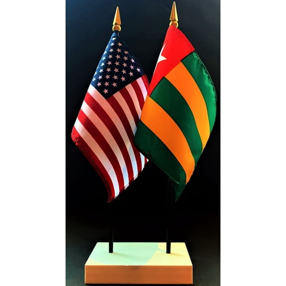Togo Table Flag Set; One USA and International Rayon 4x6 inch Flag Plus a White Base