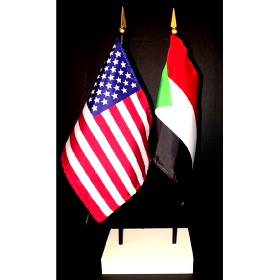 Sudan Table Flag Set; One USA and International Rayon 4x6 inch Flag Plus a White Base