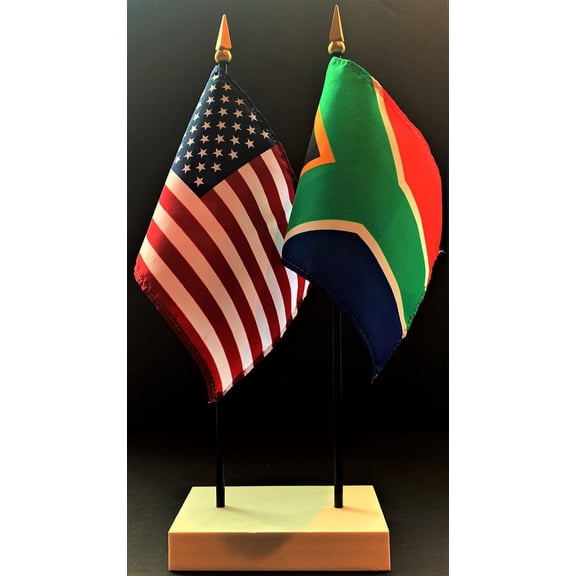 South Africa Table Flag Set; One USA and International Rayon 4x6 inch Flag Plus a White Base