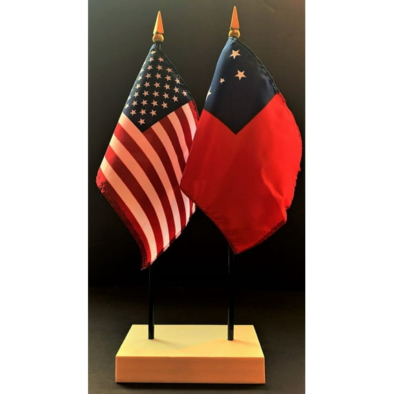 Somoa Table Flag Set; One USA and International Rayon 4x6 inch Flag Plus a White Base