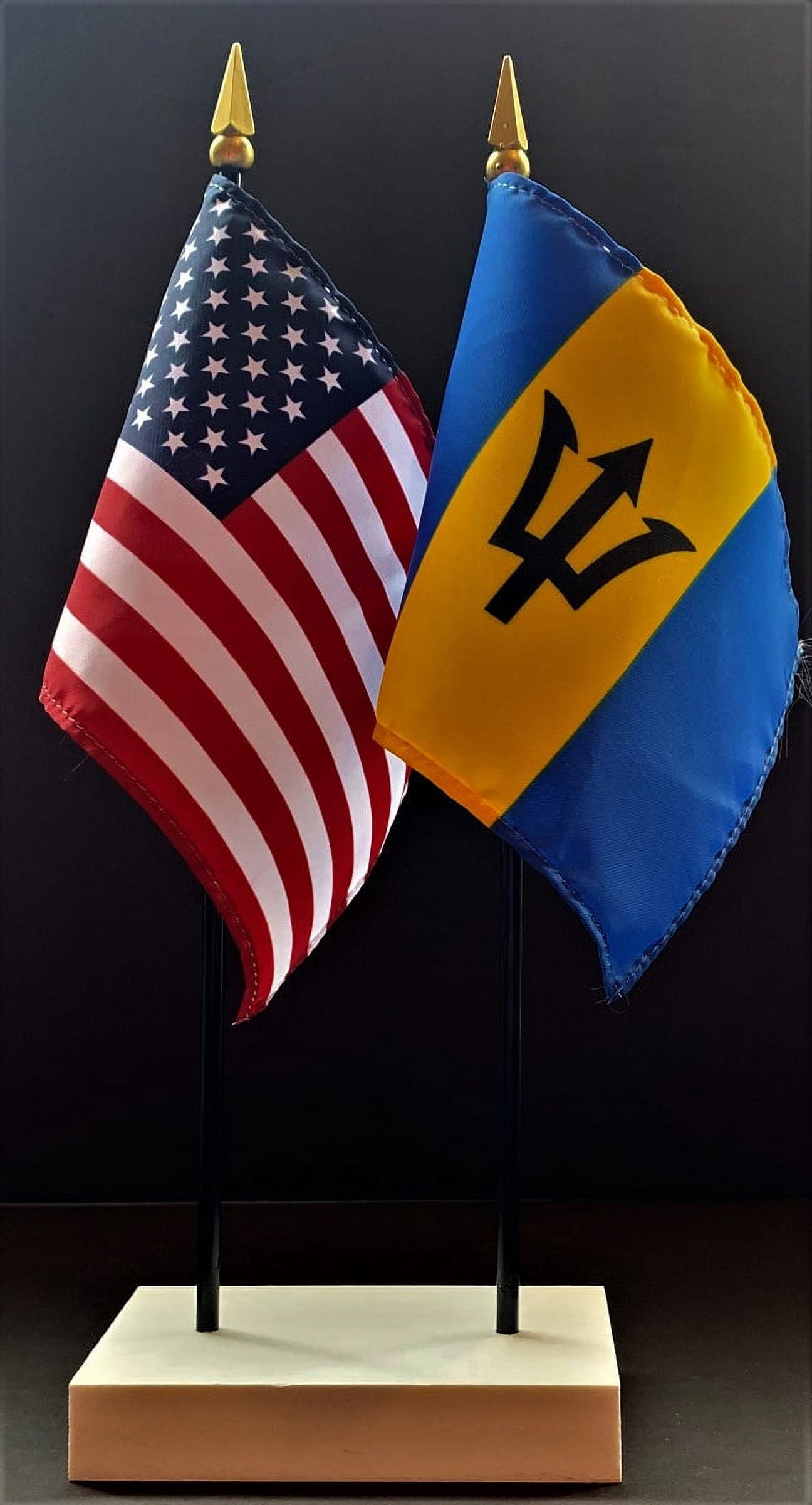 Barbados Table Flag Set; One USA and International Rayon 4x6 inch Flag ...