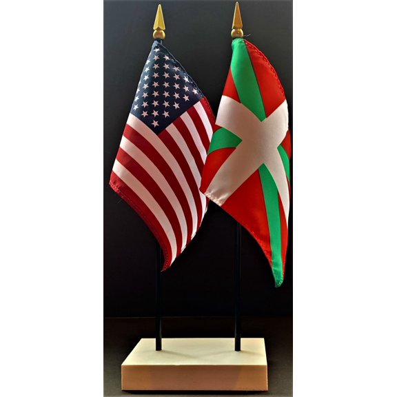 Basque Lands Table Flag Set; One USA and International Rayon 4x6 inch Flag Plus a White Base