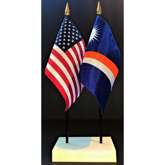 Marshall Islands Table Flag Set; One USA and International Rayon 4x6 inch Flag Plus a White Base