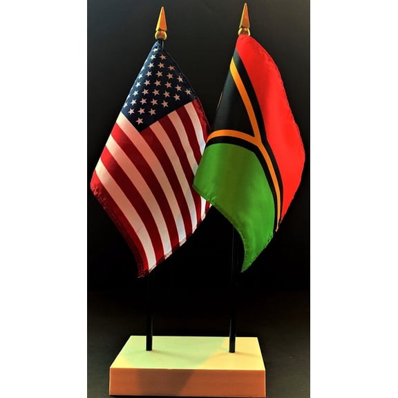 Vanatu Table Flag Set; One USA and International Rayon 4x6 inch Flag Plus a White Base