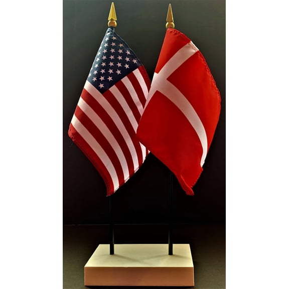 Denmark Table Flag Set; One USA and International Rayon 4x6 inch Flag Plus a White Base