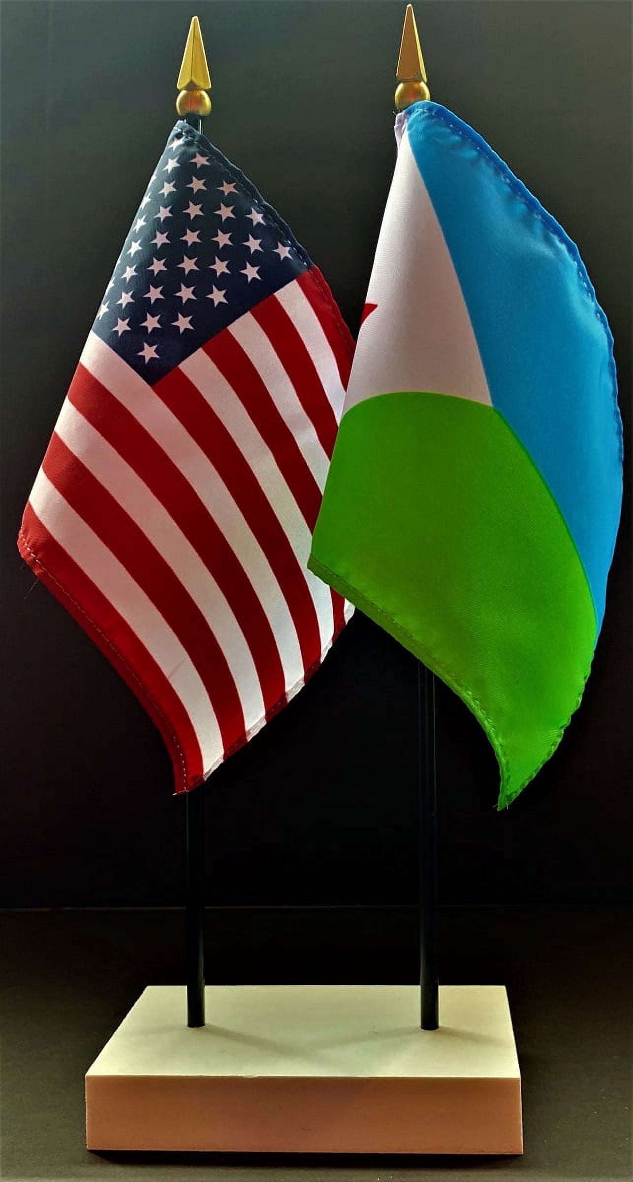 Jacob Rokas Flag Plus DjiboutiTable Flag Set; One USA and International Rayon 4x6 inch Flag ...