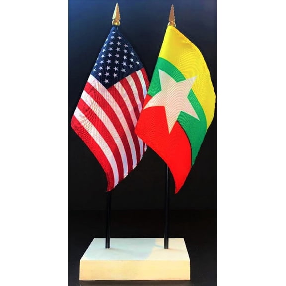 Myanmar Table Flag Set; One USA and International Rayon 4x6 inch Flag Plus a White Base
