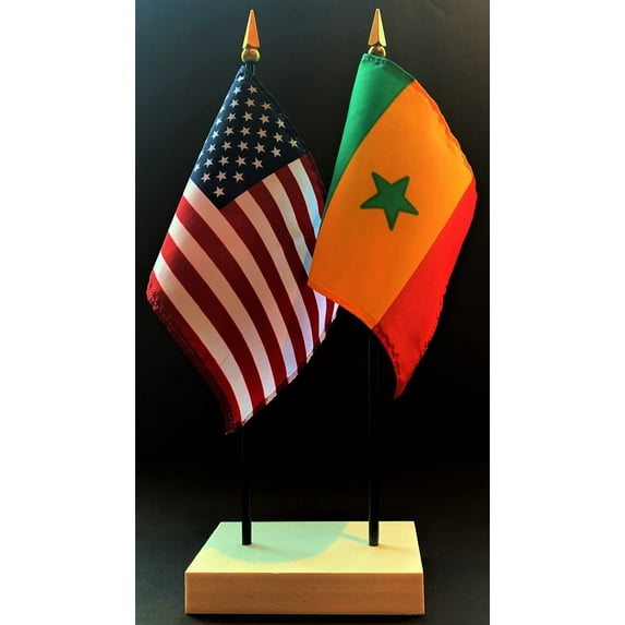 Senegal Table Flag Set; One USA and International Rayon 4x6 inch Flag Plus a White Base