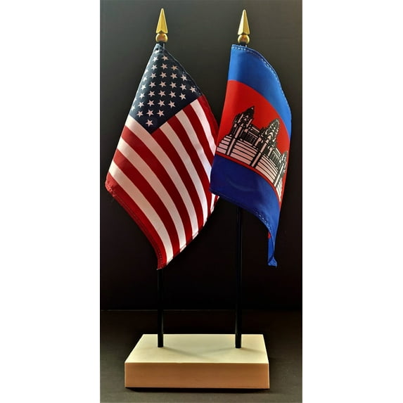 Cambodia Table Flag Set; One USA and International Rayon 4x6 inch Flag Plus a White Base