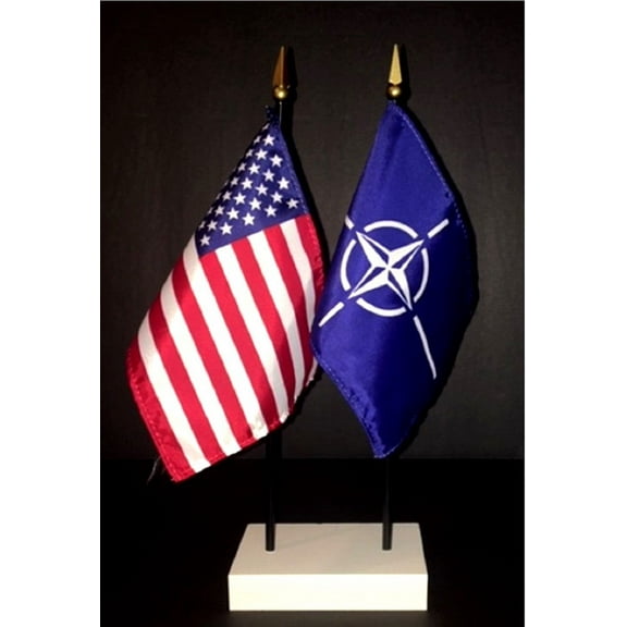 NATO Table Flag Set; One USA and International Rayon 4x6 inch Flag Plus a White Base