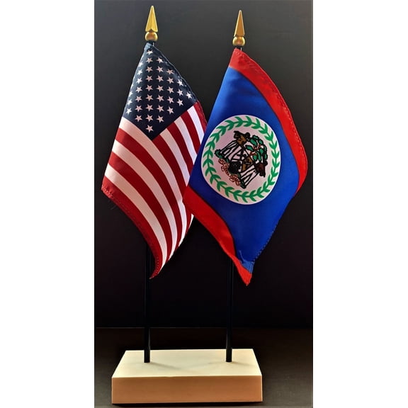 Belize Table Flag Set; One USA and International Rayon 4x6 inch Flag Plus a White Base