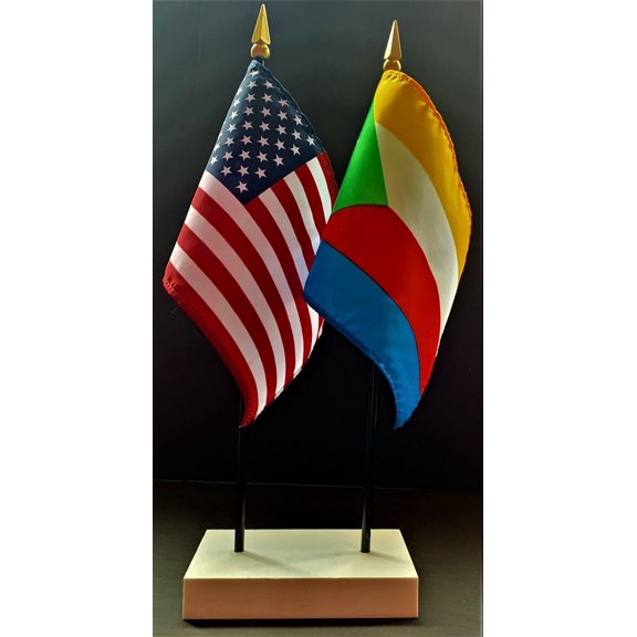 Comoros Table Flag Set; One USA and International Rayon 4x6 inch Flag Plus a White Base