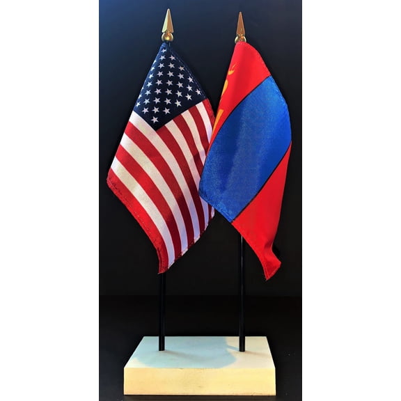 Mongolia Table Flag Set; One USA and International Rayon 4x6 inch Flag Plus a White Base