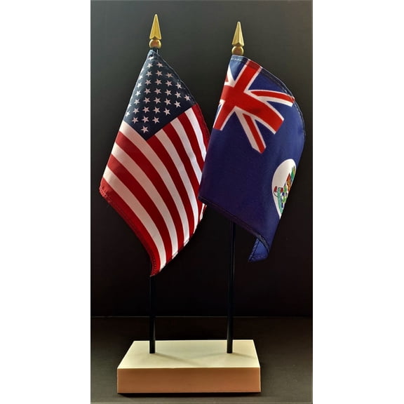 Cayman Islands Table Flag Set; One USA and International Rayon 4x6 inch Flag Plus a White Base