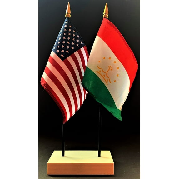 Tajikistan Table Flag Set; One USA and International Rayon 4x6 inch Flag Plus a White Base