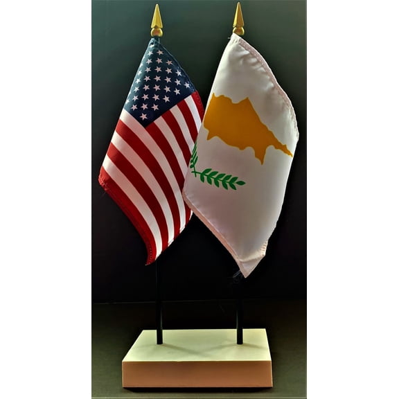 CyprusTable Flag Set; One USA and International Rayon 4x6 inch Flag Plus a White Base