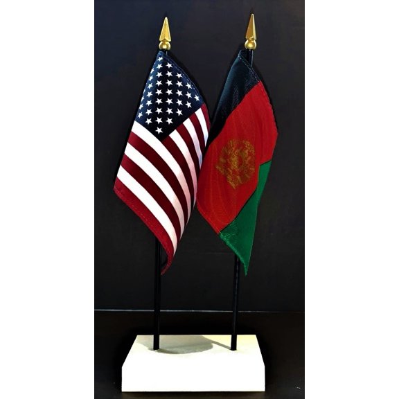 Afghanistan Table Flag Set; One USA and International Rayon 4x6 inch Flag Plus a White Base