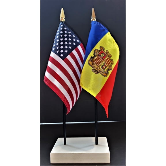 Andorra Table Flag Set; One USA and International Rayon 4x6 inch Flag Plus a White Base
