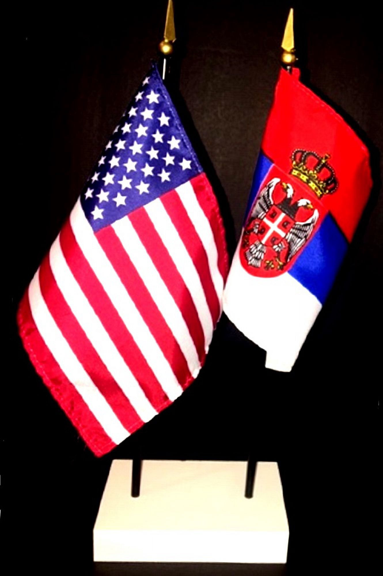 Serbia Table Flag Set; One USA and International Rayon 4x6 inch Flag ...
