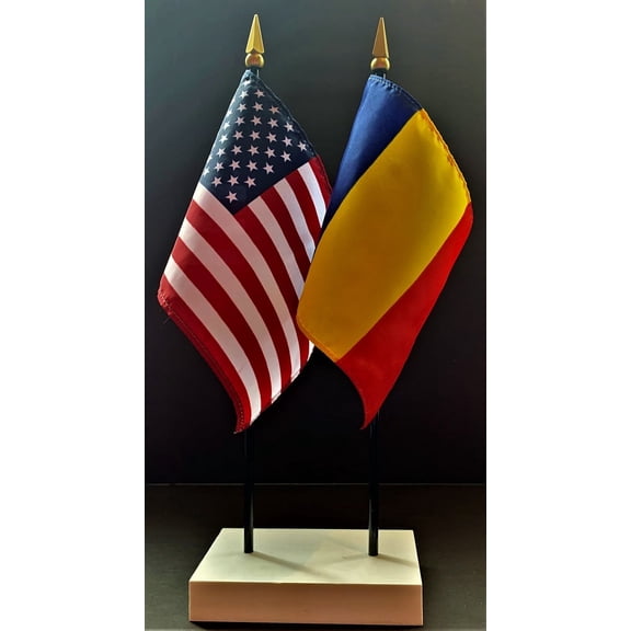 Chad Table Flag Set; One USA and International Rayon 4x6 inch Flag Plus a White Base