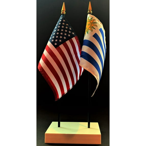Uruguay Table Flag Set; One USA and International Rayon 4x6 inch Flag Plus a White Base