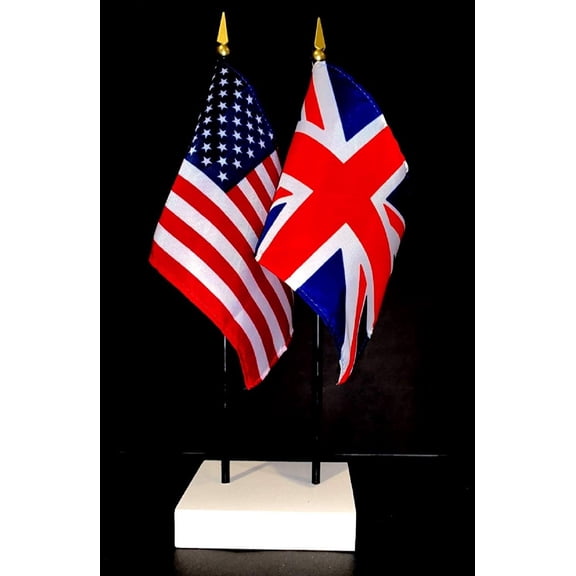 Great Britain Table Flag Set; One USA and International Rayon 4x6 inch Flag Plus a White Base