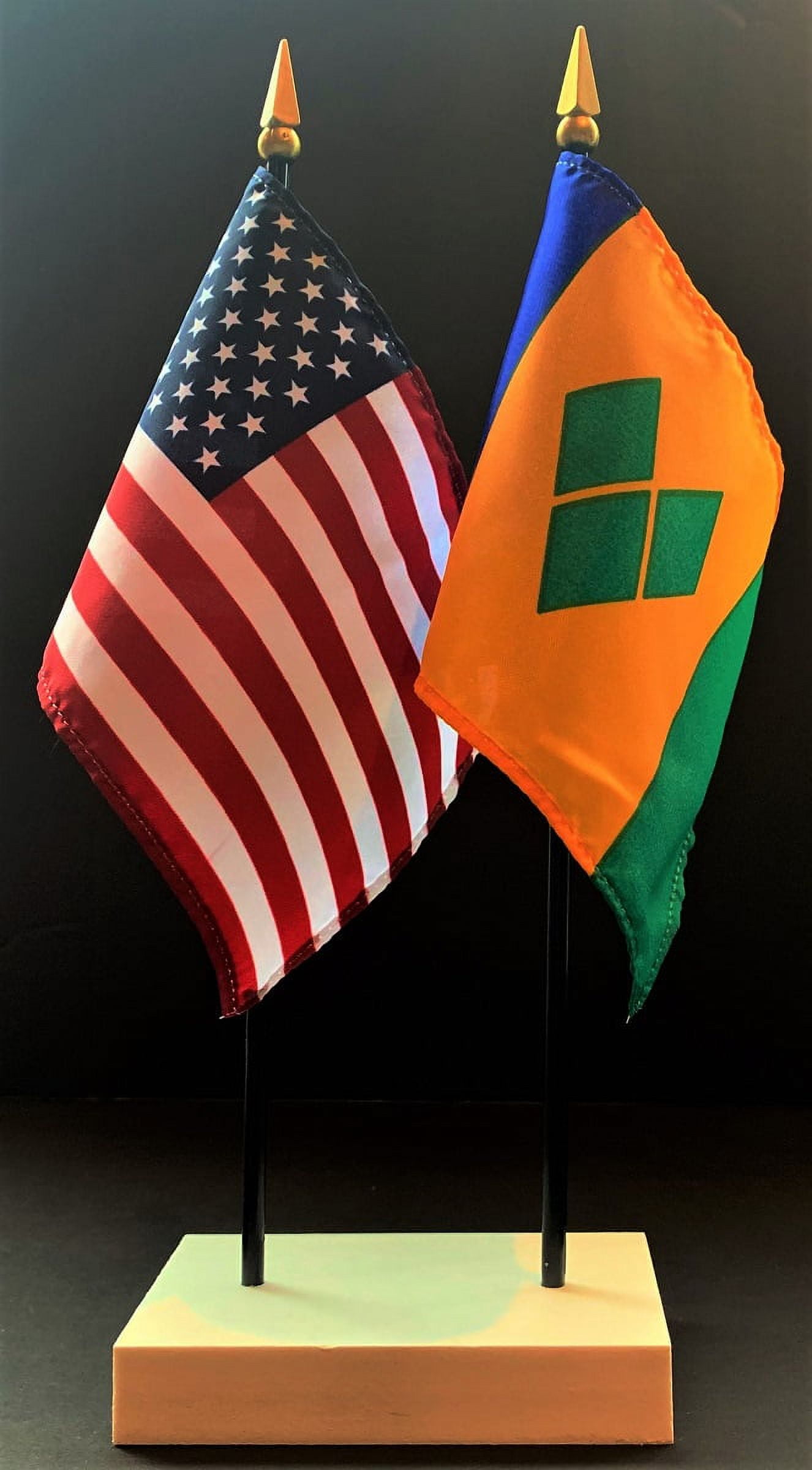 St Vincent Table Flag Set; One USA and International Rayon 4x6 inch ...