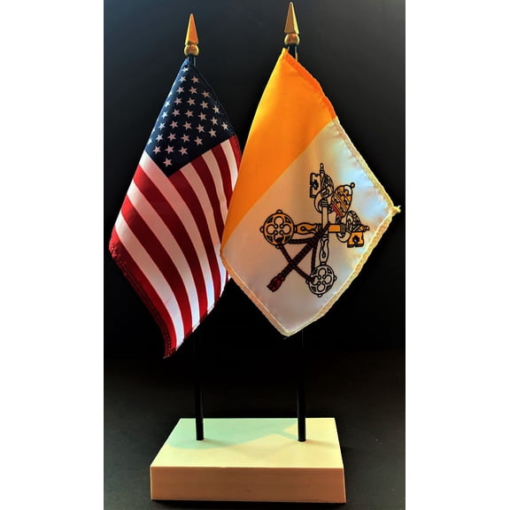 Vatican City Table Flag Set; One USA and International Rayon 4x6 inch Flag Plus a White Base