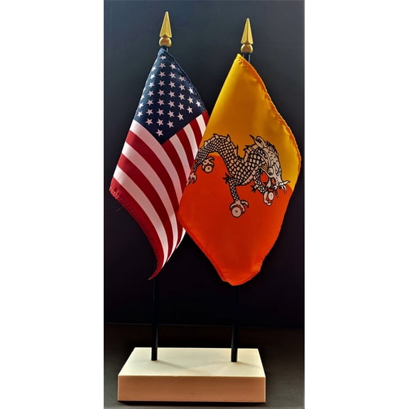 Bhutan Table Flag Set; One USA and International Rayon 4x6 inch Flag Plus a White Base