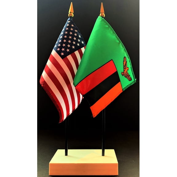 Zambia Table Flag Set; One USA and International Rayon 4x6 inch Flag Plus a White Base