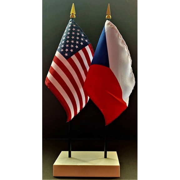 Czech Republic Table Flag Set; One USA and International Rayon 4x6 inch Flag Plus a White Base