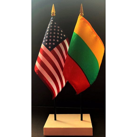 Lithuania Table Flag Set; One USA and International Rayon 4x6 inch Flag Plus a White Base