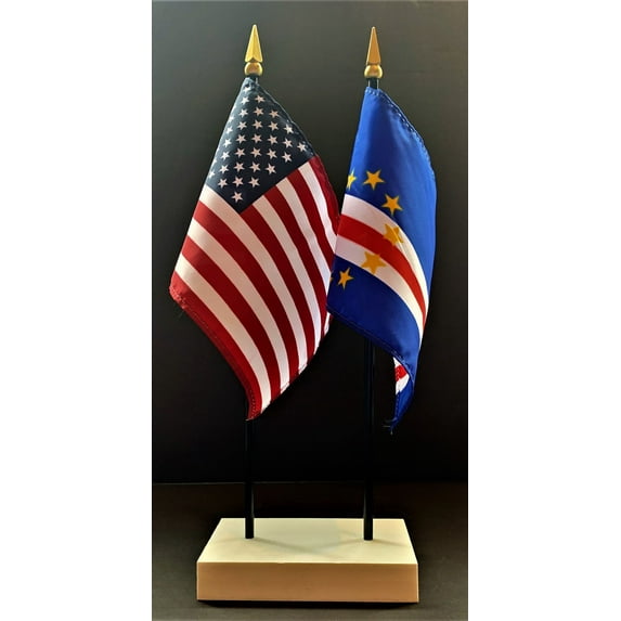 Cape Verde Table Flag Set; One USA and International Rayon 4x6 inch ...