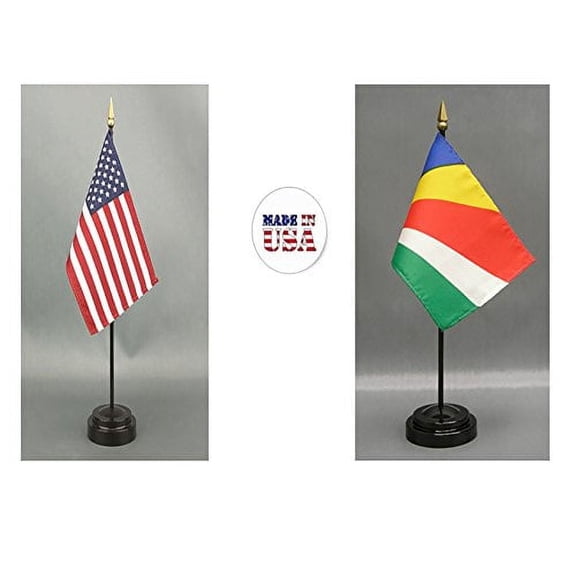 Made in The USA. 1 American and Seychelles Rayon 4"x6" Miniature Office Desk & Little Hand Waving Table Flag, Includes 2 Flag Stands & 2 Small 4"x6" Mini Stick Flags