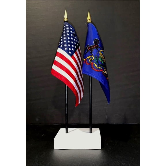 Made in USA. 1 American and 1 US State Miniature Rayon 4"x6" Office Desk & Little Hand Waving Table Flags, Includes a 2-Hole White Flag Stand and 2 Small 4"x6" Mini Stick Flags (Pennsylvania)