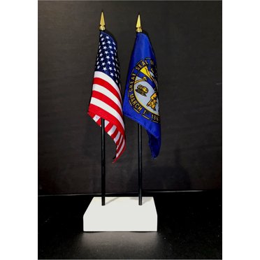 1 American And 1 New York Executive Flag Set American Made Rayon 4x6 Inch Desk Set Includes A 2-Hole White ArcticSno Base With A USA Great Seal And Two Flags