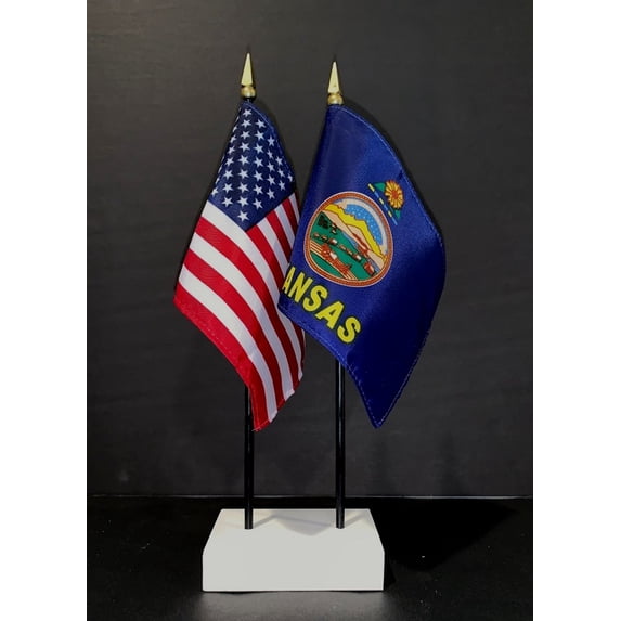 Made in USA. 1 American and 1 US State Miniature Rayon 4"x6" Office Desk & Little Hand Waving Table Flags, Includes a 2-Hole White Flag Stand and 2 Small 4"x6" Mini Stick Flags (Kansas)