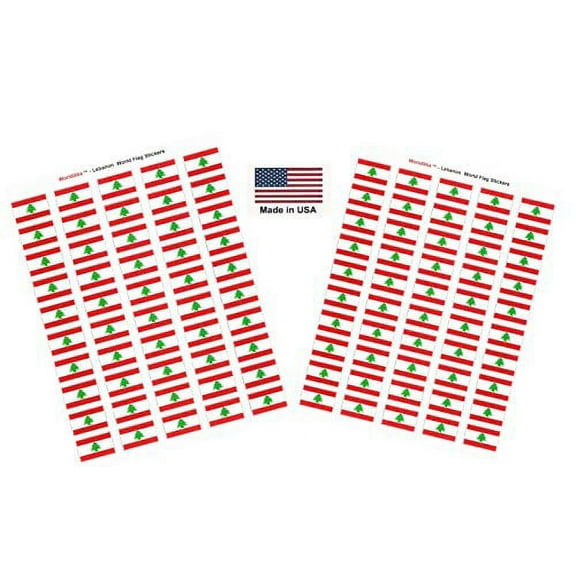 Made in USA! 100 Country Flag 1.5" x 1" Self Adhesive World Flag Scrapbook Stickers, Two Sheets of 50, 100 International Sticker Decal Flags Total (Lebanon)