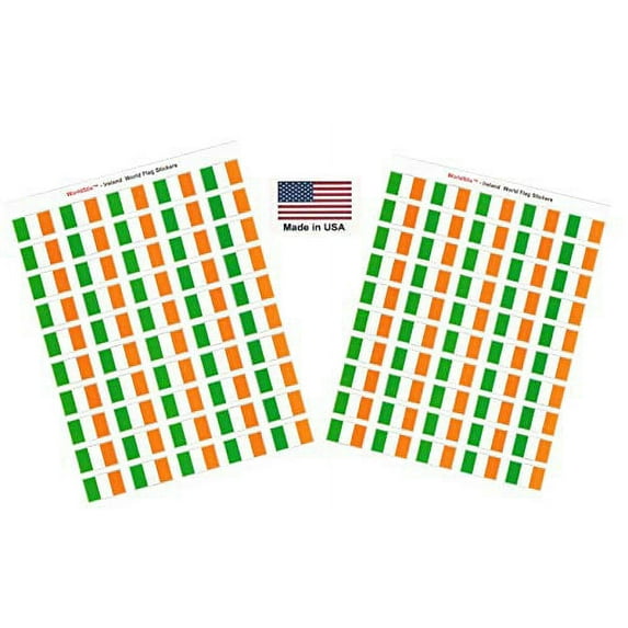 Made in USA! 100 Country Flag 1.5" x 1" Self Adhesive World Flag Scrapbook Stickers, Two Sheets of 50, 100 International Sticker Decal Flags Total (Ireland)