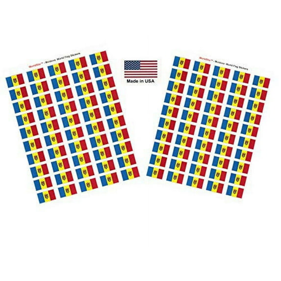 Made in USA! 100 Country Flag 1.5" x 1" Self Adhesive World Flag Scrapbook Stickers, Two Sheets of 50, 100 International Sticker Decal Flags Total (Moldova)