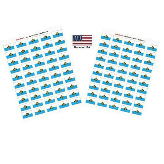 Made in USA! 100 Country Flag 1.5" x 1" Self Adhesive World Flag Scrapbook Stickers, Two Sheets of 50, 100 International Sticker Decal Flags Total (San Marino)