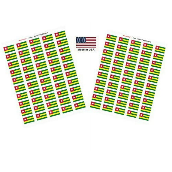 Made in USA! 100 Country Flag 1.5" x 1" Self Adhesive World Flag Scrapbook Stickers, Two Sheets of 50, 100 International Sticker Decal Flags Total (Togo)