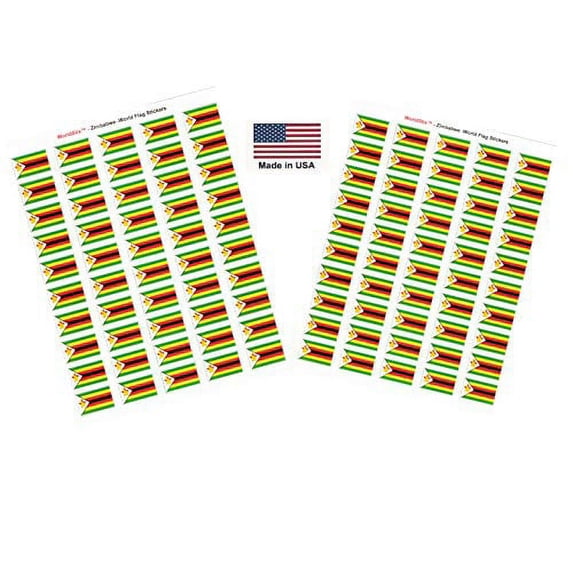 Made in USA! 100 Country Flag 1.5" x 1" Self Adhesive World Flag Scrapbook Stickers, Two Sheets of 50, 100 International Sticker Decal Flags Total (Zimbabwe)