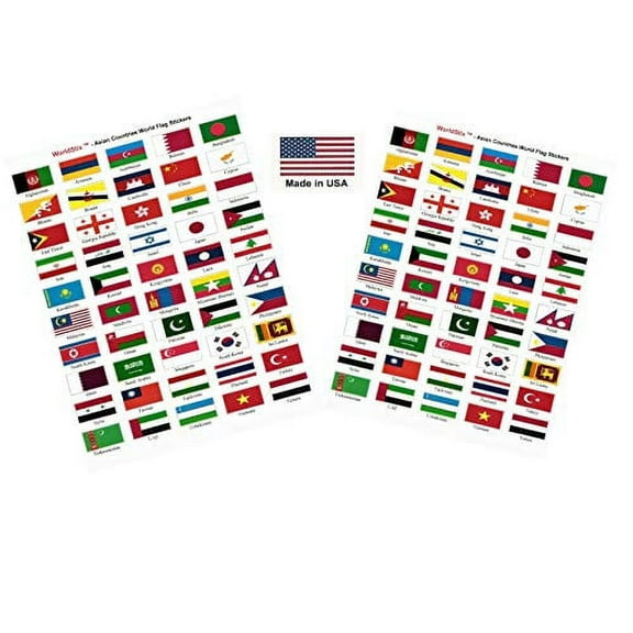 Made in USA! 100 Stickers Representing Asian Countries; 1.5" x 1" Self Adhesive World Flag Stickers, Two Sheets of 50 Showcasing 2 Stickers for Each Asian